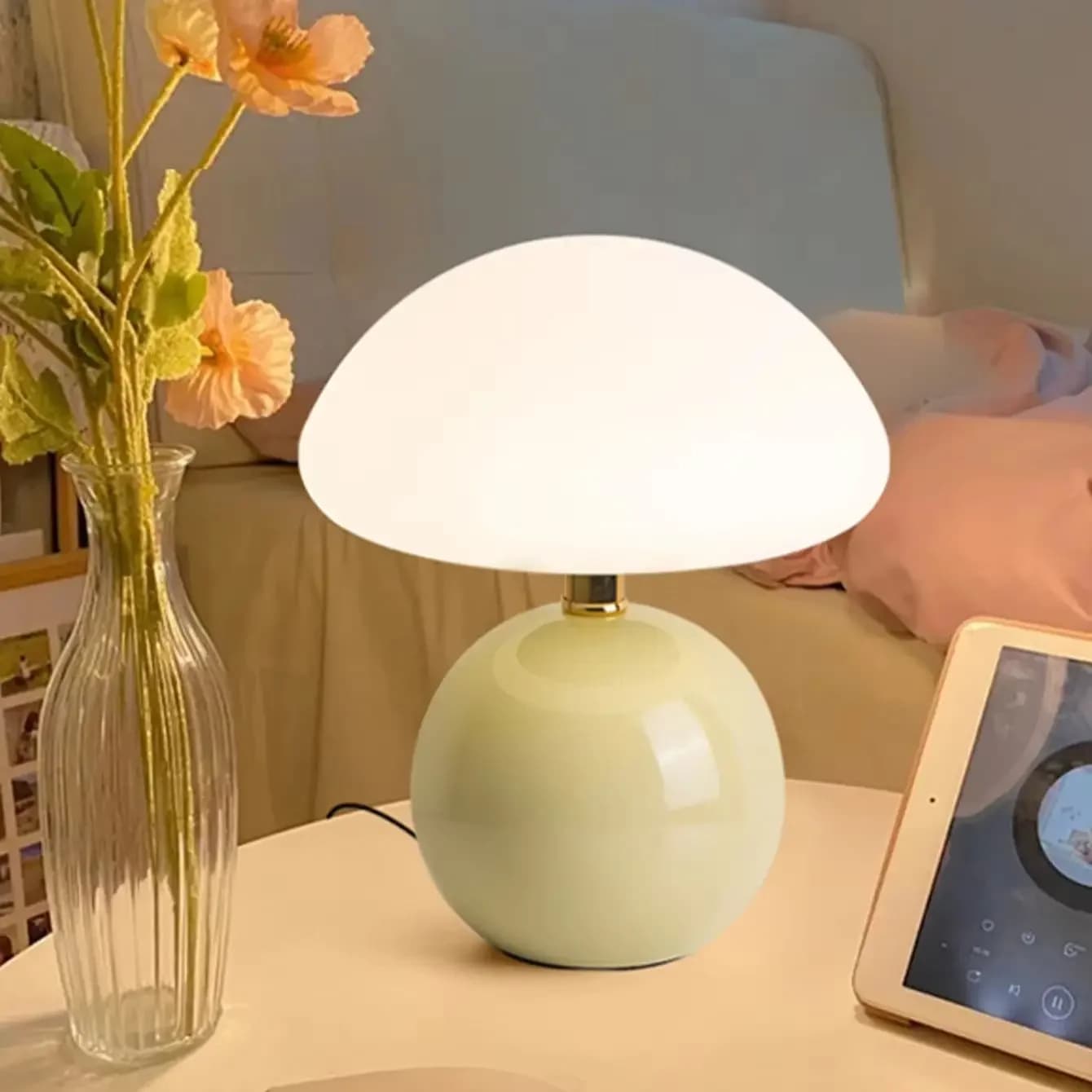 Kremowa ceramiczna lampka nocna w kształcie grzyba, ochrona oczu LED