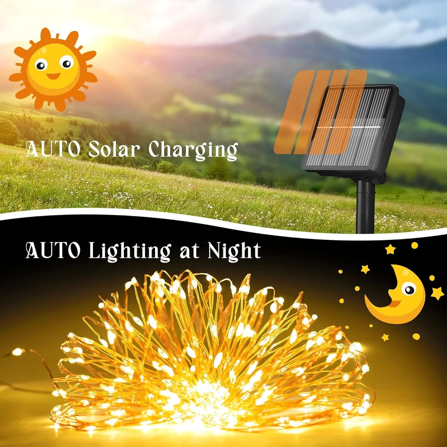 100 LED Solarny Drucik Miedziany Światełka, 8 Trybów Zewnętrzne