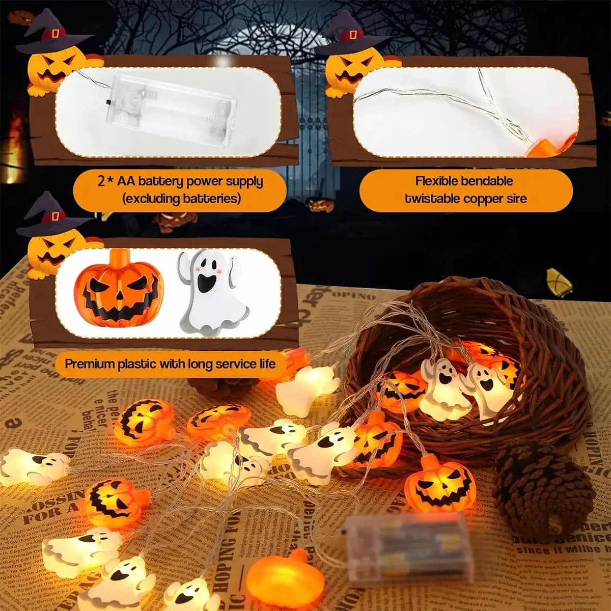 Bateryjne światełka Halloween LED z duchami i dyniami