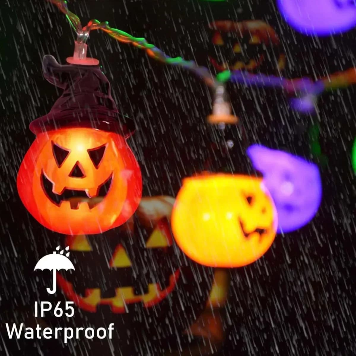 Wielokolorowe girlandy LED na Halloween: dynie, kapelusze i duchy