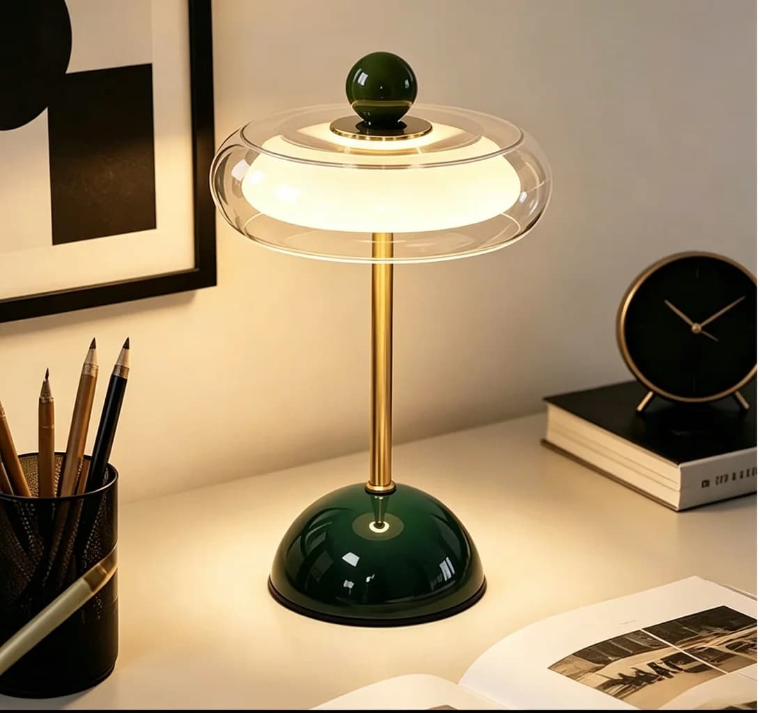 Biurkowa lampa dotykowa ze szkła i metalu w stylu mid-century