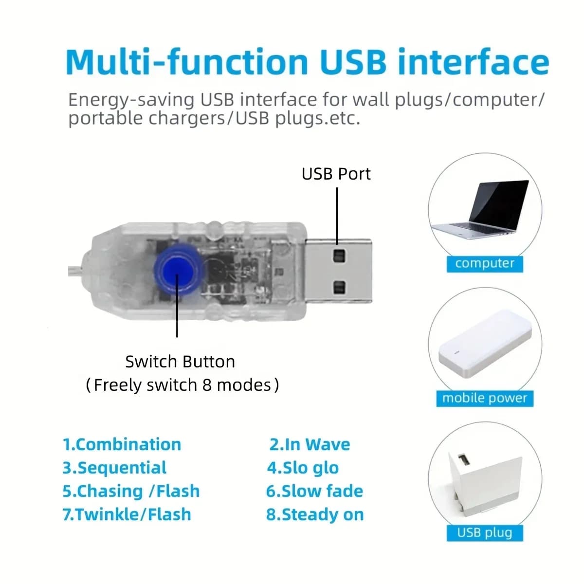 USB LED kaskady wodospadowe, ciepła biel i wielokolorowe
