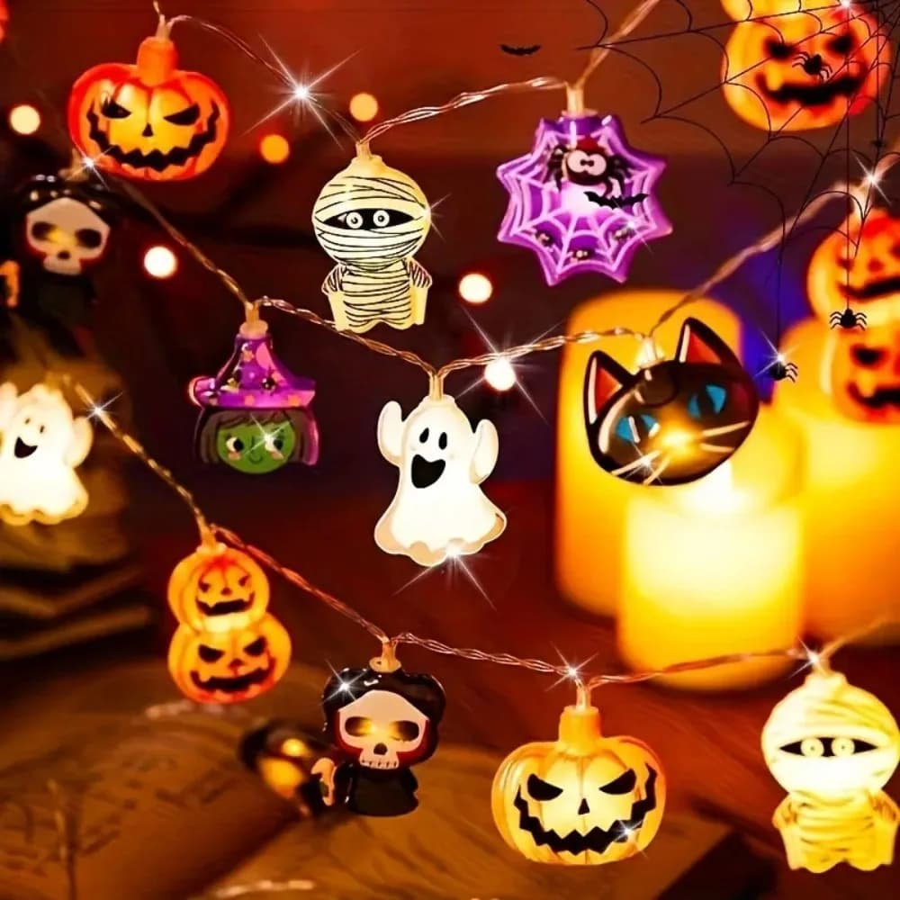Łańcuch świetlny Halloween na baterie w kształcie dyni i pająków