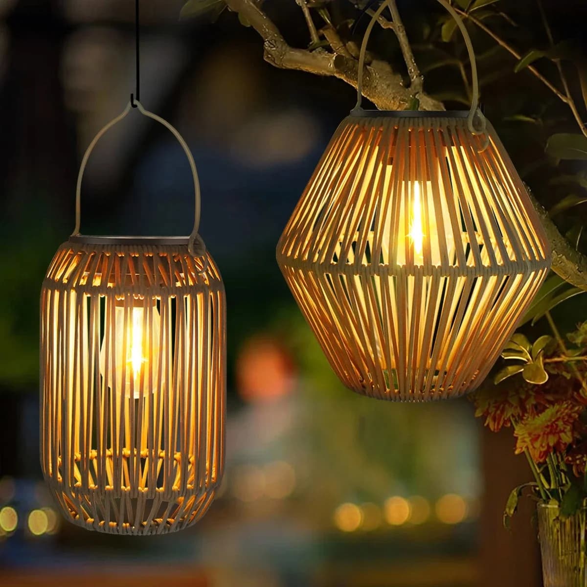Ręczna robota rattanowa lampa solarna do ogrodu, ciepła biel